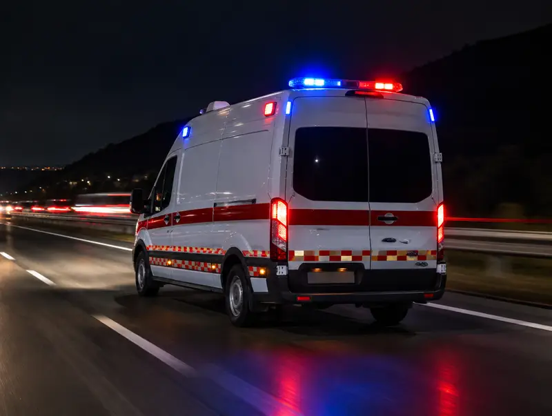 Gece tepe lambaları yanan kırmızı özel ambulans şehirlerarası yolda