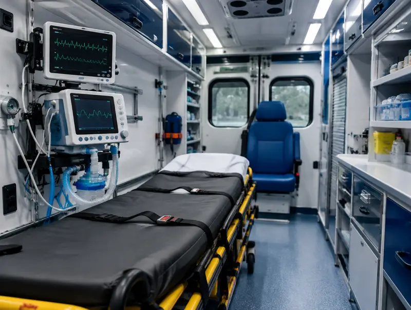Yoğun bakım ambulansının içi: monitör, solunum cihazı ve sedye